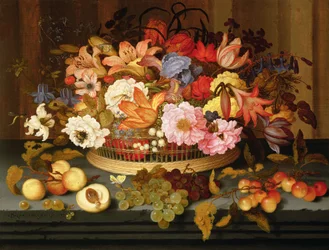 Stilleven met fruit en een mand bloemen, 1623